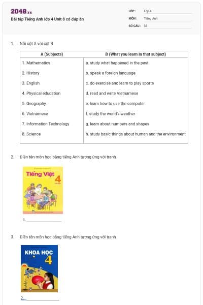 Bài tập Tiếng Anh lớp 4 Unit 8 có đáp án