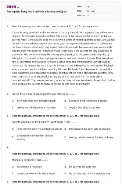 Trắc nghiệm Tiếng Anh 9 mới Unit 3 Reading có đáp án