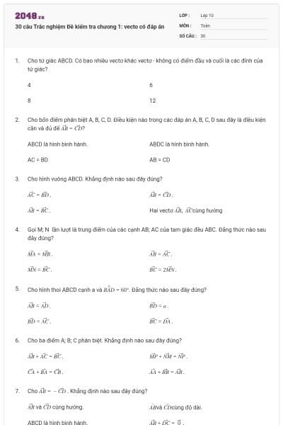 30 câu Trắc nghiệm Đề kiểm tra chương 1: vecto có đáp án