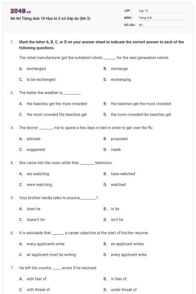 Đề thi Tiếng Anh 10 Học kì 2 có đáp án (Đề 3)