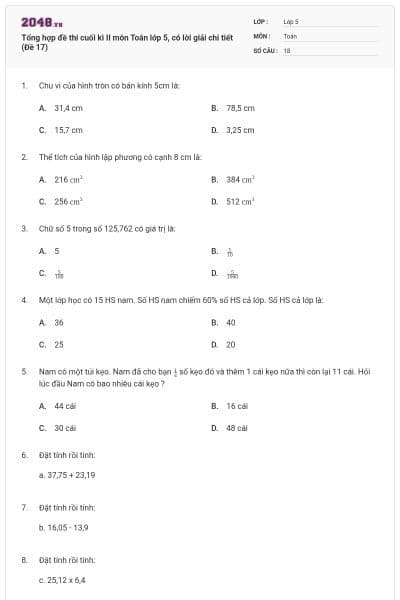 Tổng hợp đề thi cuối kì II môn Toán lớp 5, có lời giải chi tiết (Đề 17)