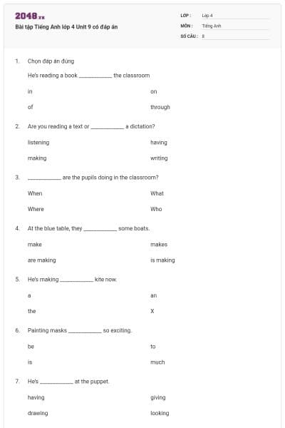 Bài tập Tiếng Anh lớp 4 Unit 9 có đáp án