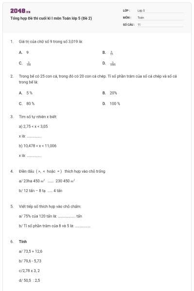 Tổng hợp Đề thi cuối kì I môn Toán lớp 5 (Đề 2)