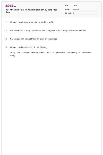 VBT Khoa Học 4 Bài 48: Ánh sáng cần cho sự sống (tiếp theo)