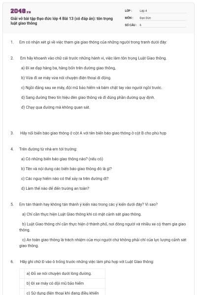 Giải vở bài tập Đạo đức lớp 4 Bài 13 (có đáp án): tôn trọng luật giao thông
