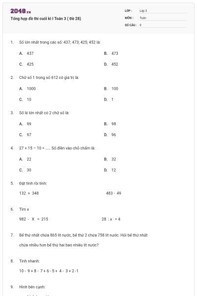 Tổng hợp đề thi cuối kì I Toán 3 ( Đề 28)