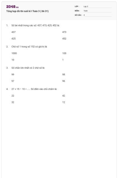 Tổng hợp đề thi cuối kì I Toán 3 ( Đề 31)