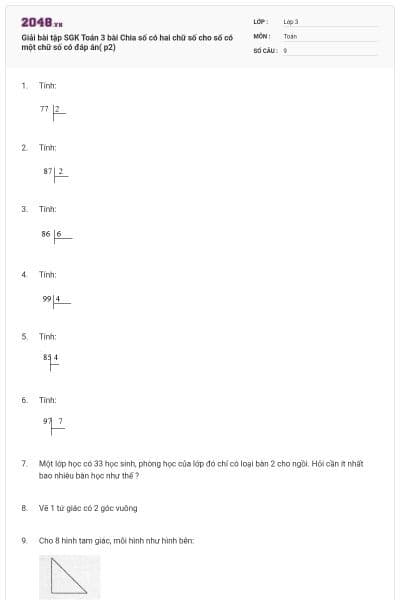 Giải bài tập SGK Toán 3 bài Chia số có hai chữ số cho số có một chữ số có đáp án( p2)