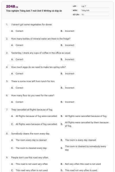 Trắc nghiệm Tiếng Anh 7 mới Unit 5 Writing có đáp án