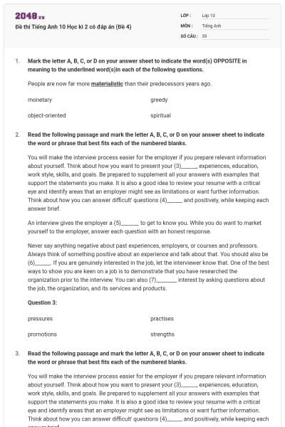 Đề thi Tiếng Anh 10 Học kì 2 có đáp án (Đề 4)