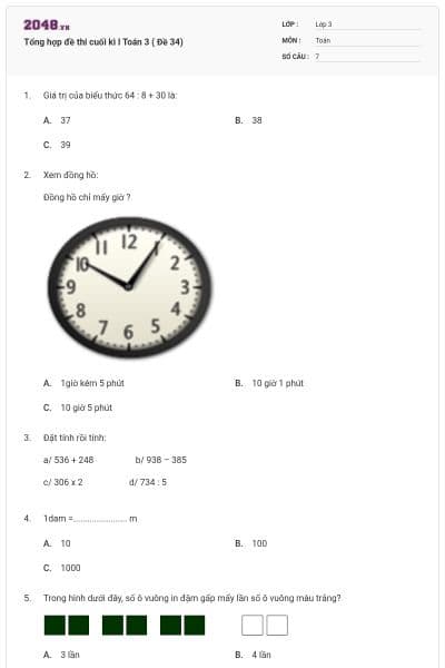 Tổng hợp đề thi cuối kì I Toán 3 ( Đề 34)