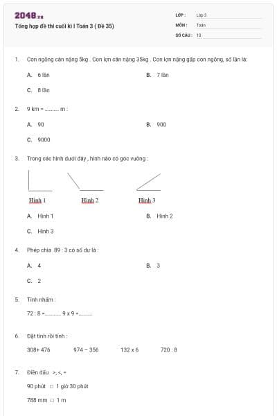 Tổng hợp đề thi cuối kì I Toán 3 ( Đề 35)