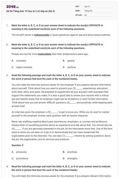 Đề thi Tiếng Anh 10 Học kì 2 có đáp án (Đề 4)