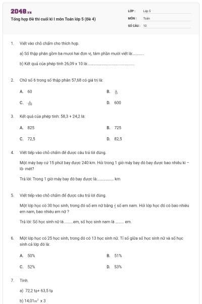 Tổng hợp Đề thi cuối kì I môn Toán lớp 5 (Đề 4)