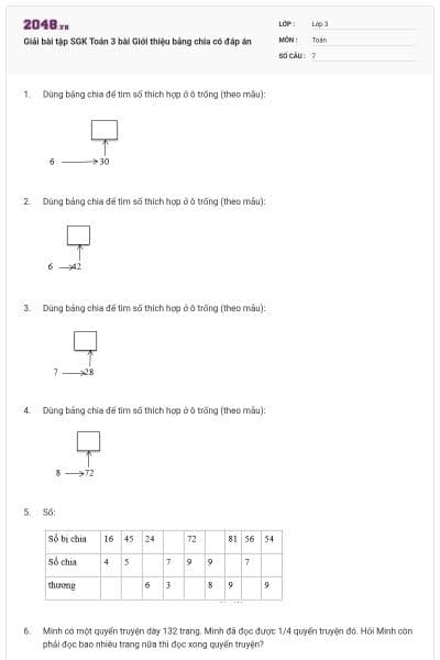 Giải bài tập SGK Toán 3 bài Giới thiệu bảng chia có đáp án