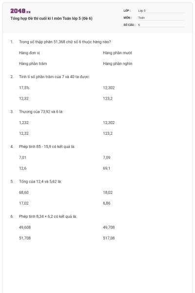 Tổng hợp Đề thi cuối kì I môn Toán lớp 5 (Đề 6)