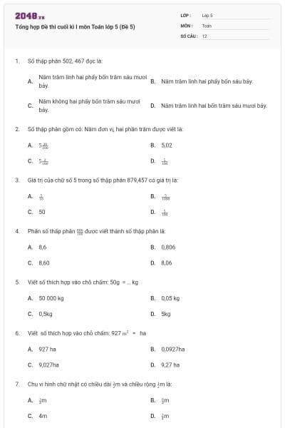 Tổng hợp Đề thi cuối kì I môn Toán lớp 5 (Đề 5)