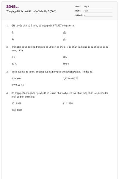 Tổng hợp Đề thi cuối kì I môn Toán lớp 5 (Đề 7)