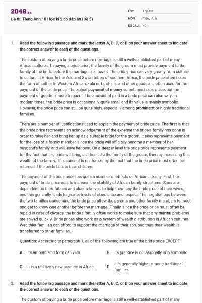 Đề thi Tiếng Anh 10 Học kì 2 có đáp án (Đề 5)