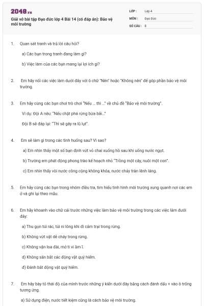 Giải vở bài tập Đạo đức lớp 4 Bài 14 (có đáp án): Bảo vệ môi trường