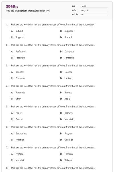 100 câu trắc nghiệm Trọng Âm cơ bản (P4)
