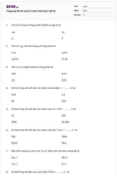 Tổng hợp Đề thi cuối kì I môn Toán lớp 5 (Đề 8)