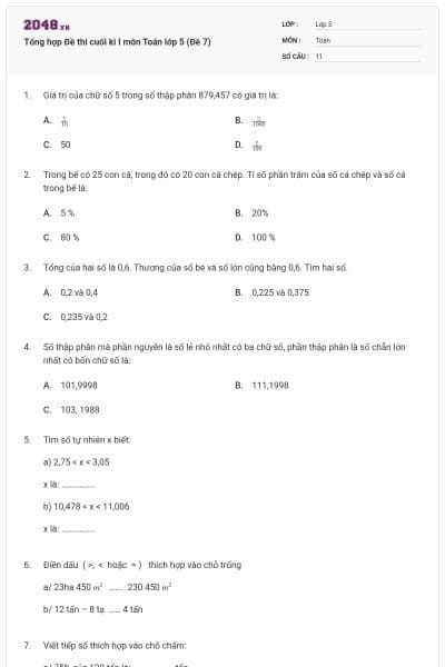 Tổng hợp Đề thi cuối kì I môn Toán lớp 5 (Đề 7)