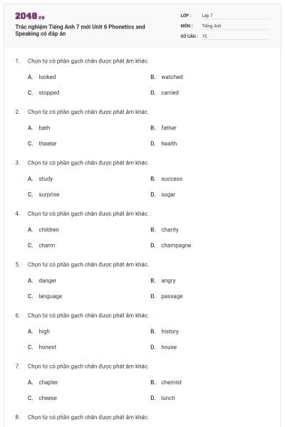 Trắc nghiệm Tiếng Anh 7 mới Unit 6 Phonetics and Speaking có đáp án