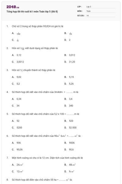 Tổng hợp Đề thi cuối kì I môn Toán lớp 5 (Đề 8)