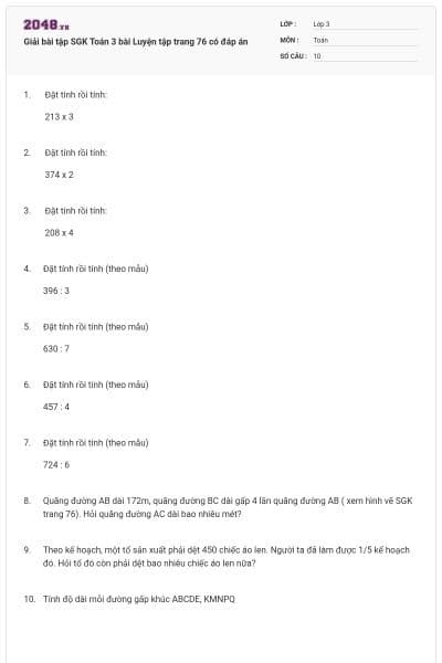 Giải bài tập SGK Toán 3 bài Luyện tập trang 76 có đáp án