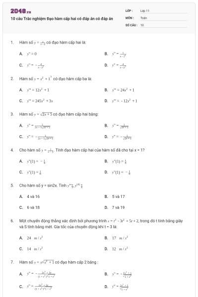 10 câu Trắc nghiệm Đạo hàm cấp hai có đáp án có đáp án