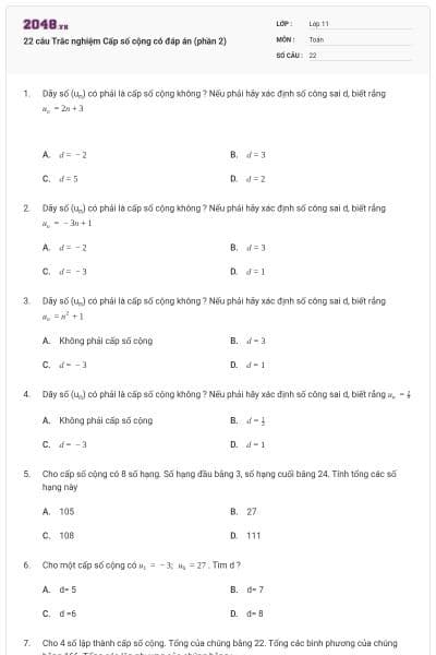 22 câu Trắc nghiệm Cấp số cộng có đáp án (phần 2)