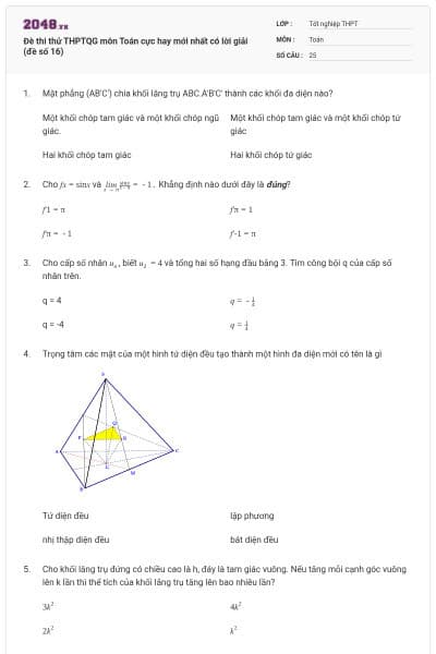 Đè thi thử THPTQG môn Toán cực hay mới nhất có lời giải (đề số 16)