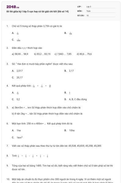 Đề thi giữa kỳ I lớp 5 cực hay có lời giải chi tiết (Đề số 14)