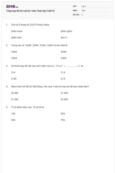 Tổng hợp Đề thi cuối kì I môn Toán lớp 5 (Đề 9)