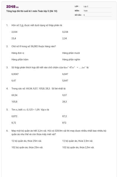 Tổng hợp Đề thi cuối kì I môn Toán lớp 5 (Đề 10)