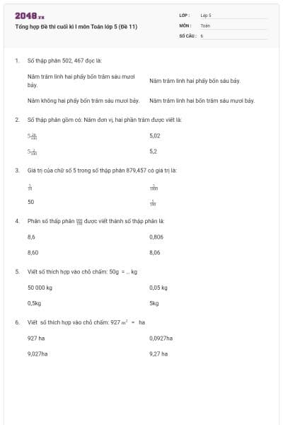 Tổng hợp Đề thi cuối kì I môn Toán lớp 5 (Đề 11)
