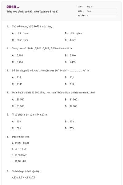 Tổng hợp Đề thi cuối kì I môn Toán lớp 5 (Đề 9)