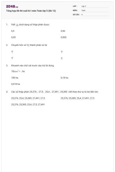 Tổng hợp Đề thi cuối kì I môn Toán lớp 5 (Đề 12)