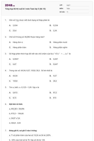 Tổng hợp Đề thi cuối kì I môn Toán lớp 5 (Đề 10)