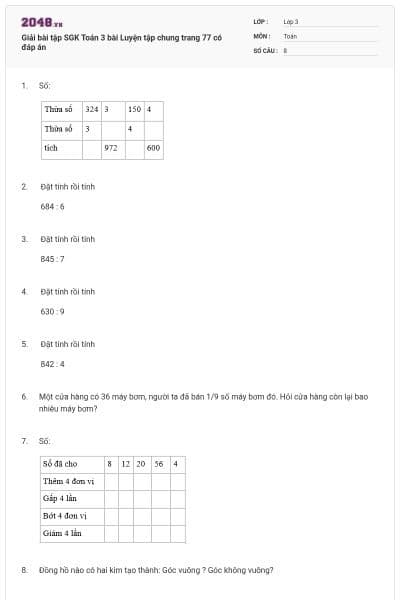 Giải bài tập SGK Toán 3 bài Luyện tập chung trang 77 có đáp án