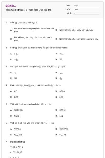 Tổng hợp Đề thi cuối kì I môn Toán lớp 5 (Đề 11)