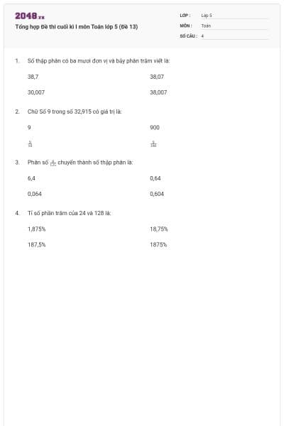 Tổng hợp Đề thi cuối kì I môn Toán lớp 5 (Đề 13)