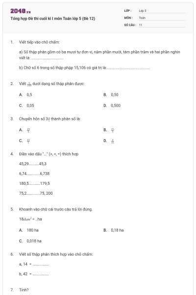 Tổng hợp Đề thi cuối kì I môn Toán lớp 5 (Đề 12)