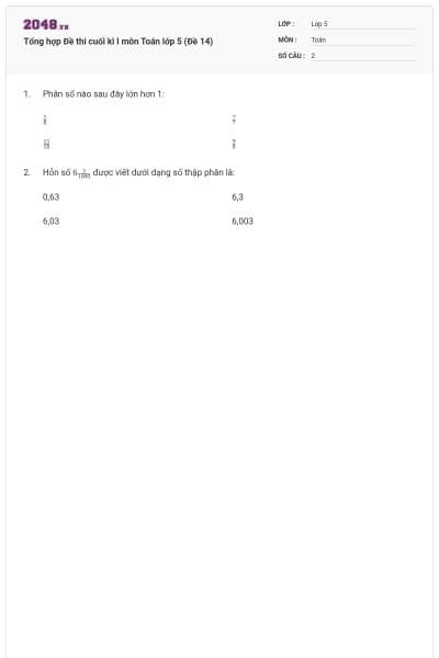 Tổng hợp Đề thi cuối kì I môn Toán lớp 5 (Đề 14)