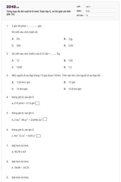 Tổng hợp đề thi cuối kì II môn Toán lớp 5, có lời giải chi tiết (Đề 19)