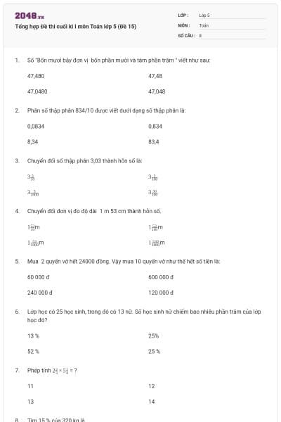 Tổng hợp Đề thi cuối kì I môn Toán lớp 5 (Đề 15)