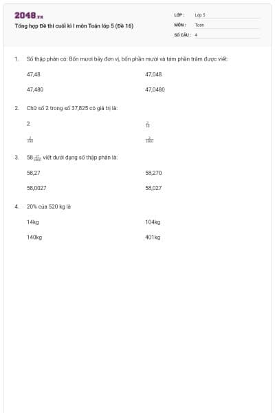 Tổng hợp Đề thi cuối kì I môn Toán lớp 5 (Đề 16)