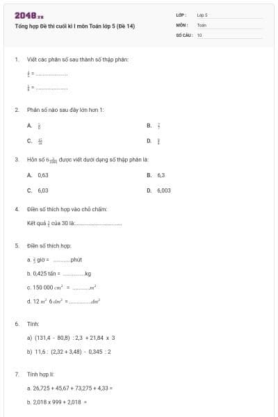 Tổng hợp Đề thi cuối kì I môn Toán lớp 5 (Đề 14)