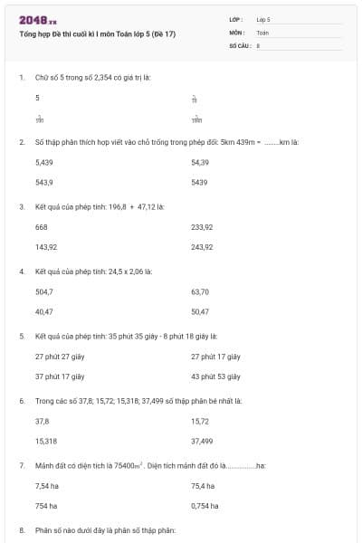 Tổng hợp Đề thi cuối kì I môn Toán lớp 5 (Đề 17)